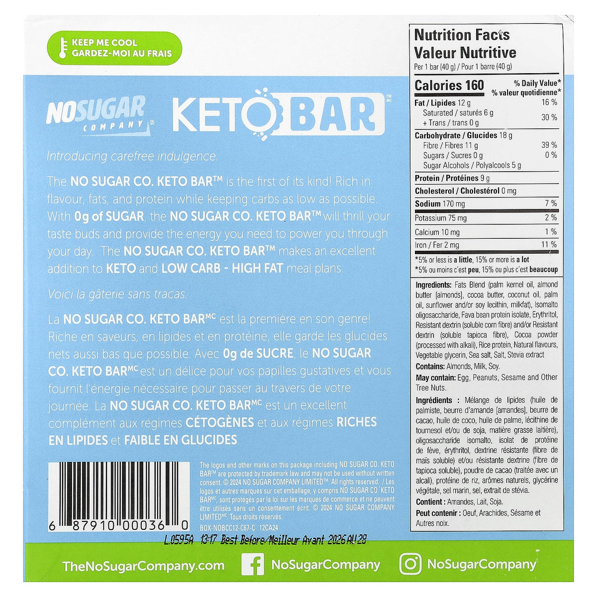 No Sugar Company, Keto Bar™, Cookies & Cream, 12 Bars, 40 g Each