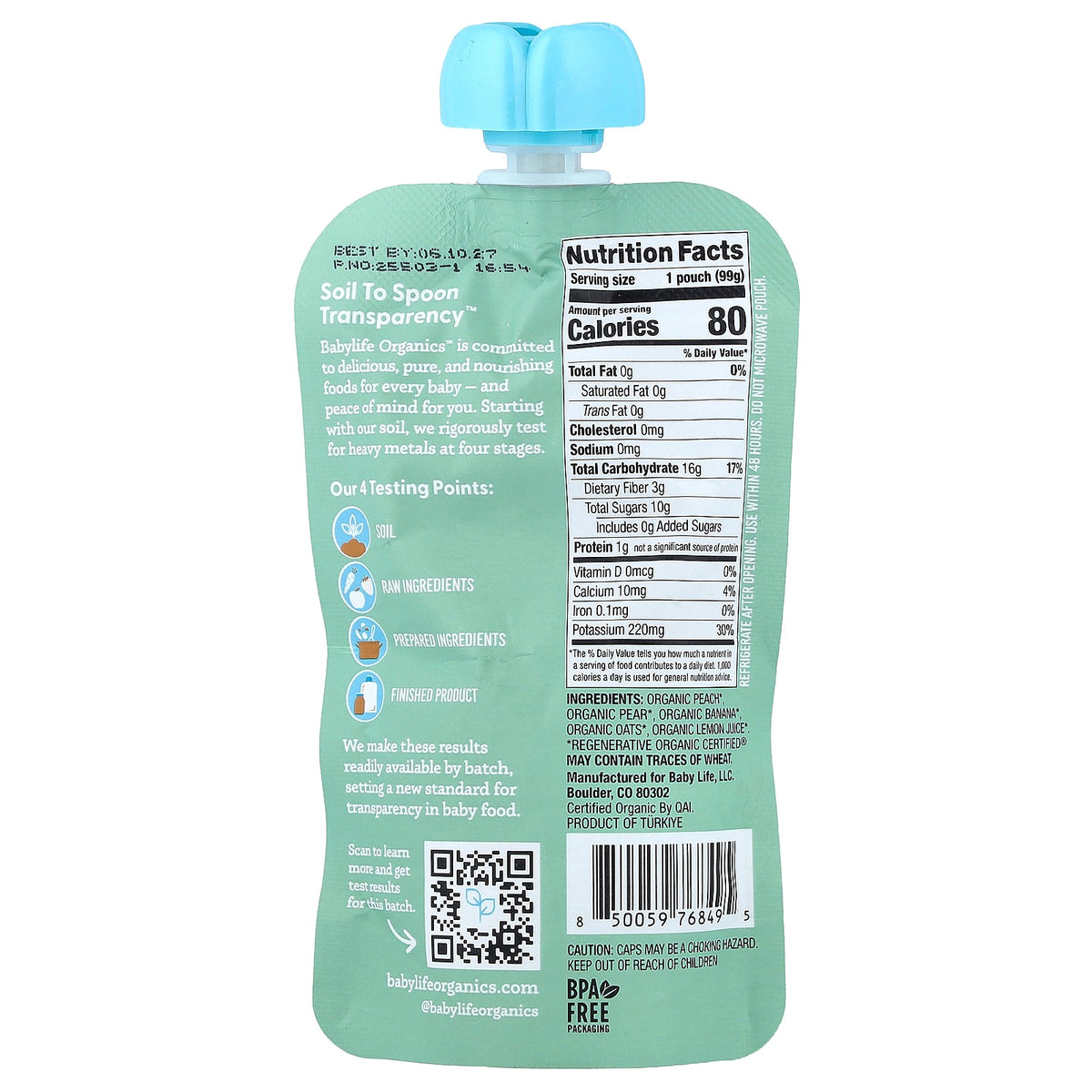 BabyLife Organics, Baby Food, 6+ Months, Peach, Pear, Banana & Oat, 6 Pouches, 3.5 oz (99 g) Each
