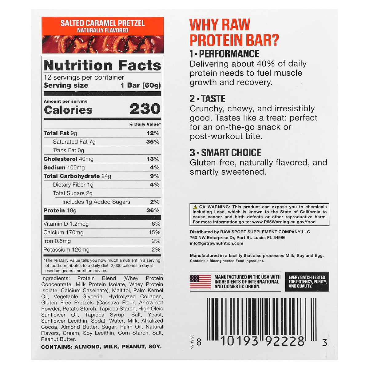 Raw Nutrition, Protein Bar, Salted Caramel Pretzel, 12 Bars, 2.11 oz (60 g) Each