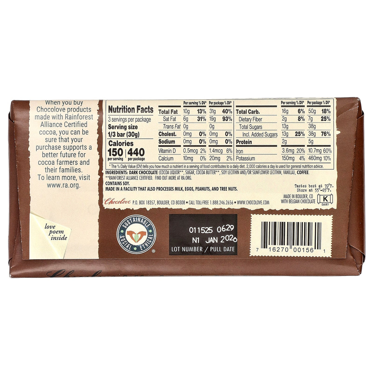 Chocolove, Coffee Crunch in Dark Chocolate, 55% Cocoa, 3.2 oz (90 g)