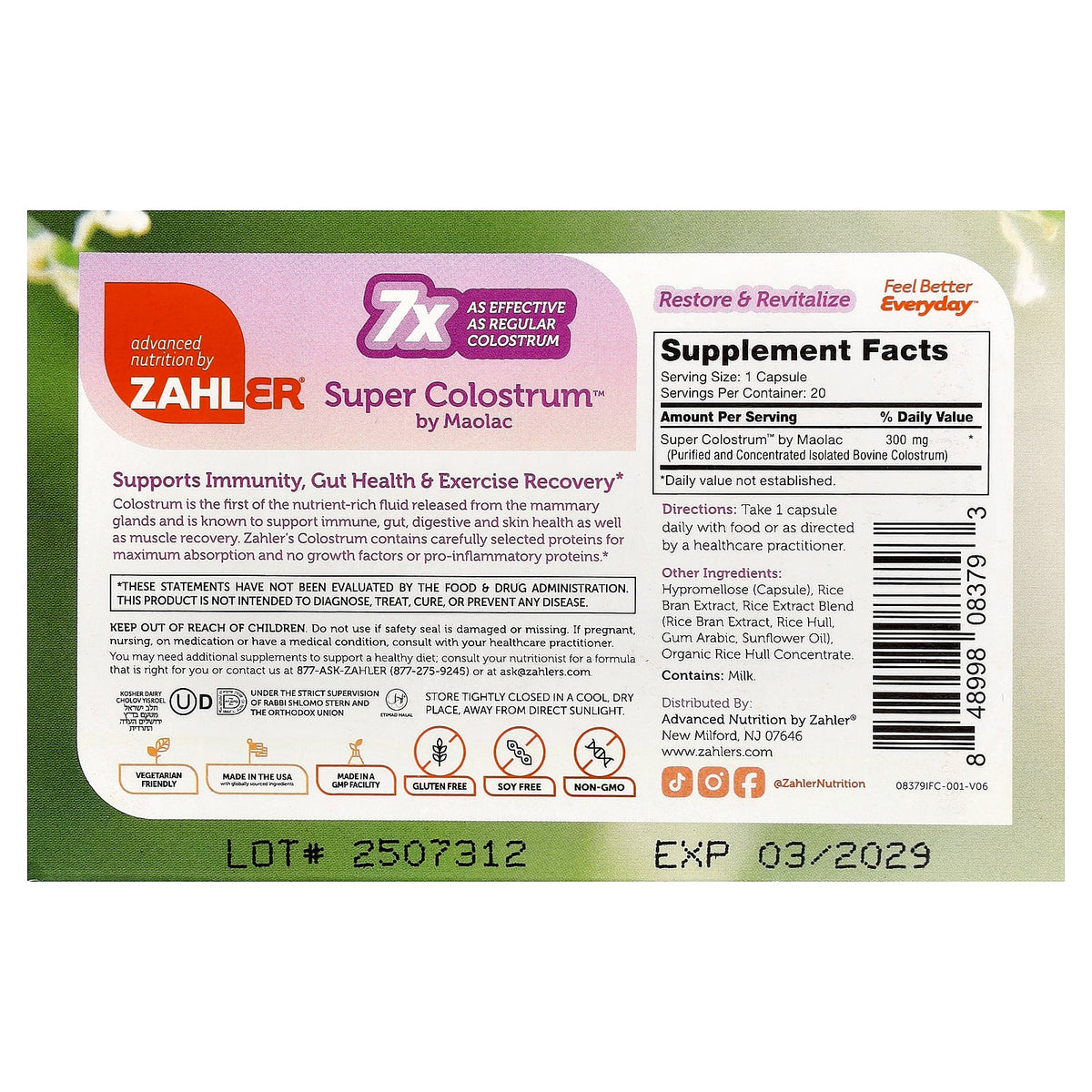 Zahler, Super Colostrum™, 20 Capsules (300 mg per Capsule)
