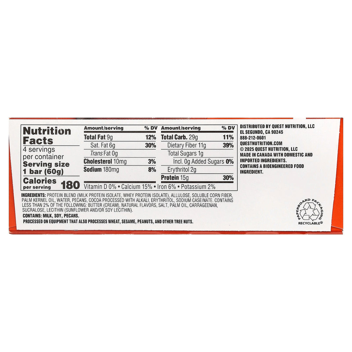 Quest Nutrition, Protein Bar, Crispy Chocolate Caramel Pecan, 4 Bars, 2.12 oz (60 g) Each