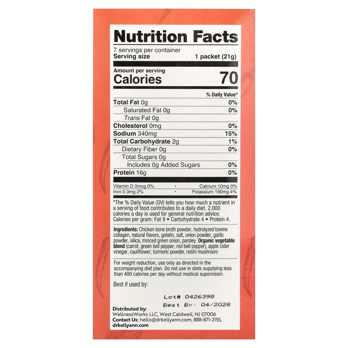 Dr. Kellyann, Bone Broth, Sriracha Chicken, 7 Packets, 0.74 oz (21 g) Each