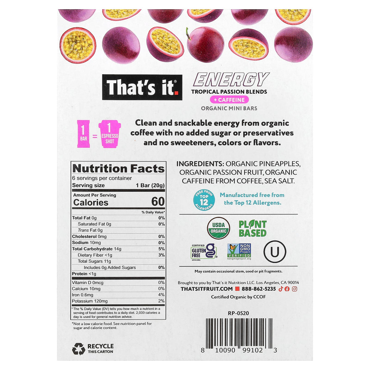 That's It, Energy, Organic Mini Bars, Tropical Passion Blends, 6 Mini Bars, 0.7 oz (20 g) Each
