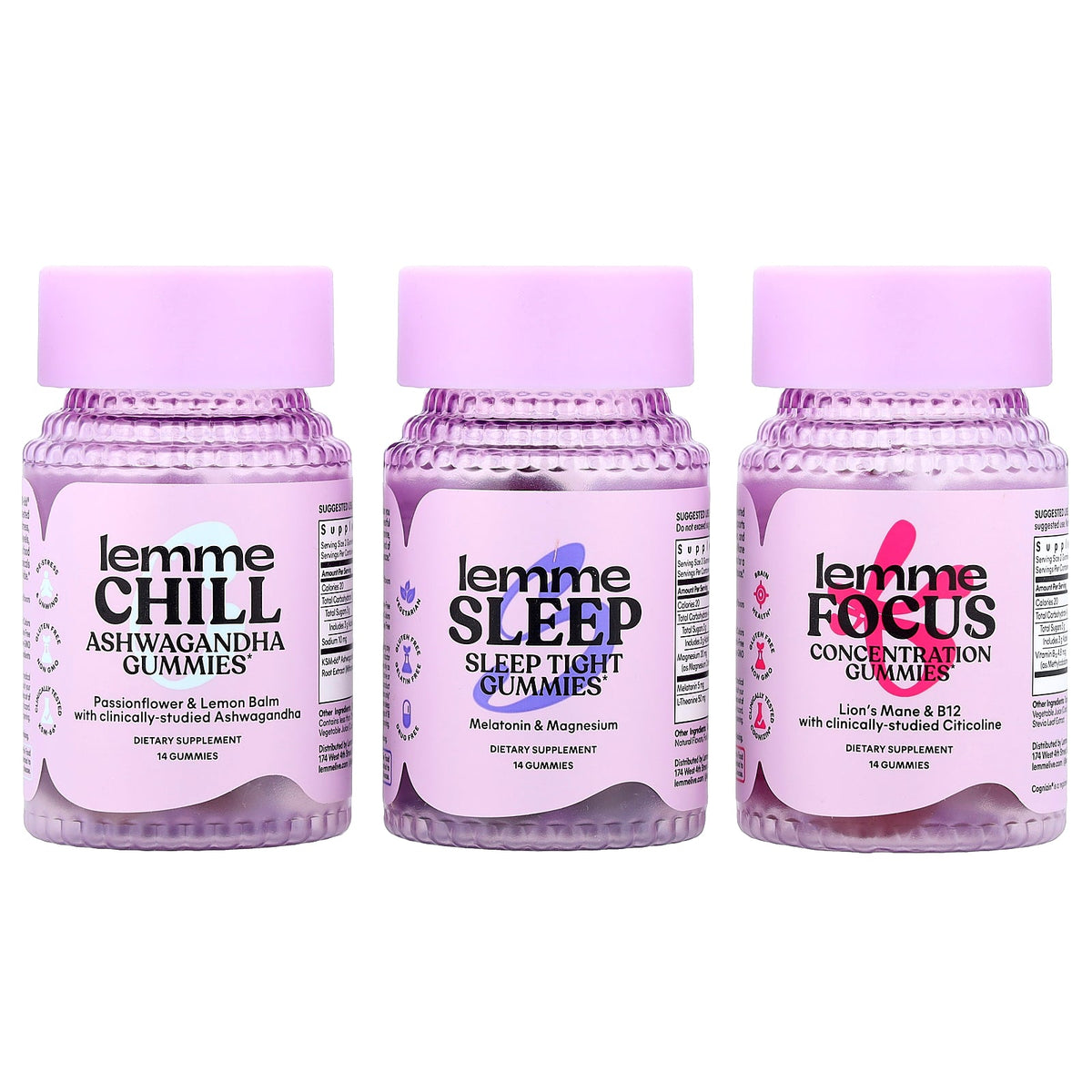 Lemme, Holiday Reset Gummies, Chill, Sleep, Focus, 3 Bottles, 14 Gummies Each