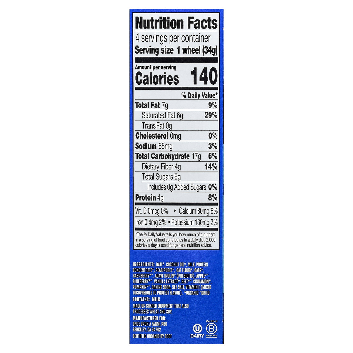 Once Upon A Farm, Organic Power Wheels, Soft Baked Bar, Blueberry Crumble, 4 Bars, 1.2 oz (34 g) Each