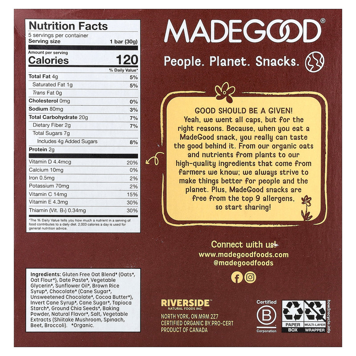 MadeGood, Mornings™, Organic Soft Baked Oat Bars, Chocolate Chip, 5 Bars, 1.06 oz (30 g) Each
