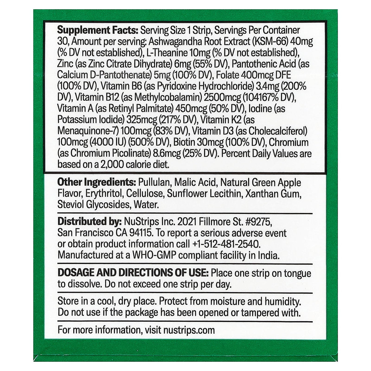 NuStrips, Essentials in a Strip™, Green Apple, 30 Strips