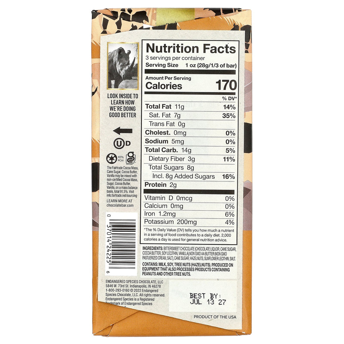 Endangered Species Chocolate, Hazelnut Toffee + Dark Chocolate, 72% Cocoa, 3 oz (85 g)