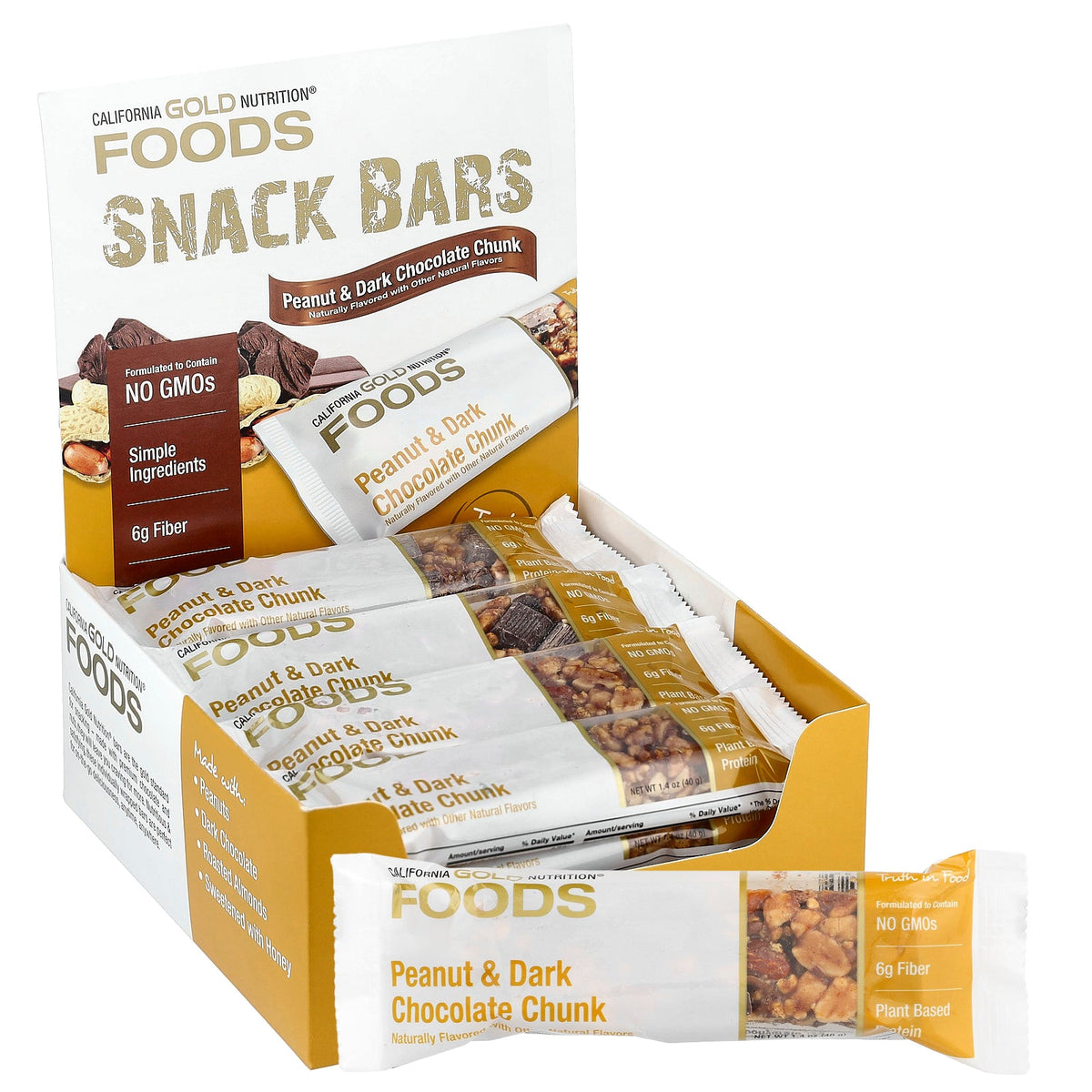 California Gold Nutrition, Foods, Peanut & Dark Chocolate Chunk Bars with Dry Roasted Almonds, Chicory Root Fiber, Pea Crisps and Honey, 12 Bars, 1.4 oz (40 g) Each
