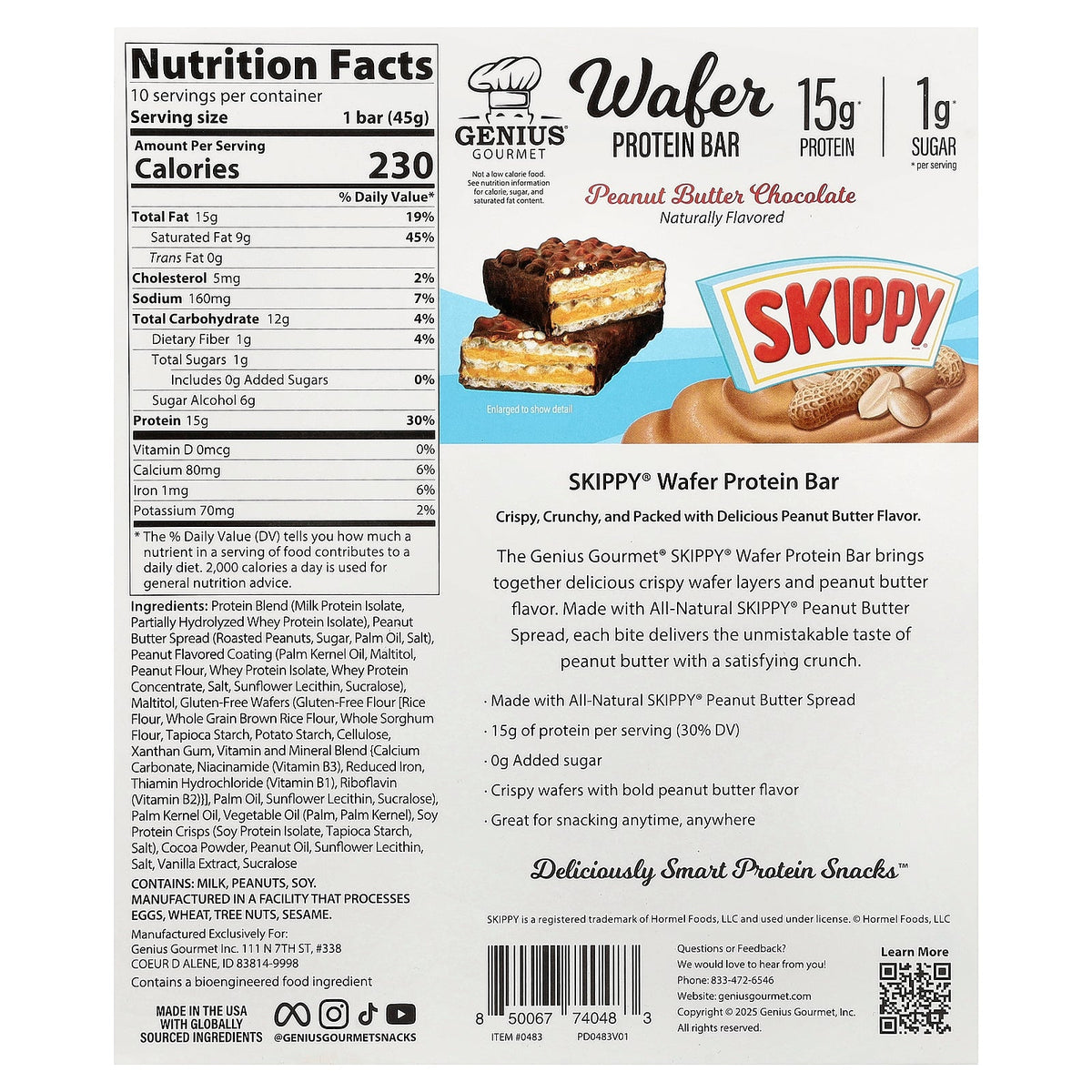 Genius Gourmet, Wafer Protein Bar, Skippy® Peanut Butter Chocolate, 10 Bars, 1.58 oz (45 g) Each