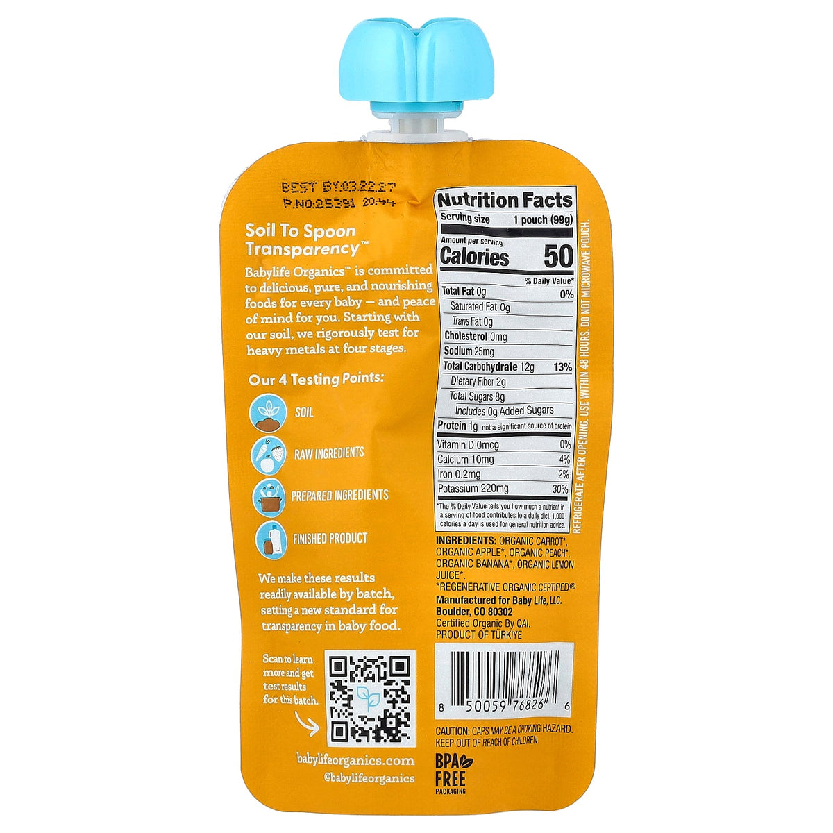 BabyLife Organics, Baby Food, 6+ Months, Carrot, Apple, Peach & Banana, 6 Pouches, 3.5 oz (99 g) Each