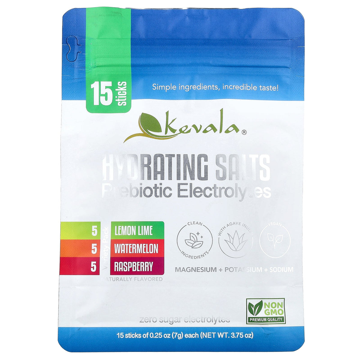 Kevala, Hydrating Salts, Prebiotic Electrolytes, Variety Pack, 15 Sticks, 0,25 oz (7 g) Each