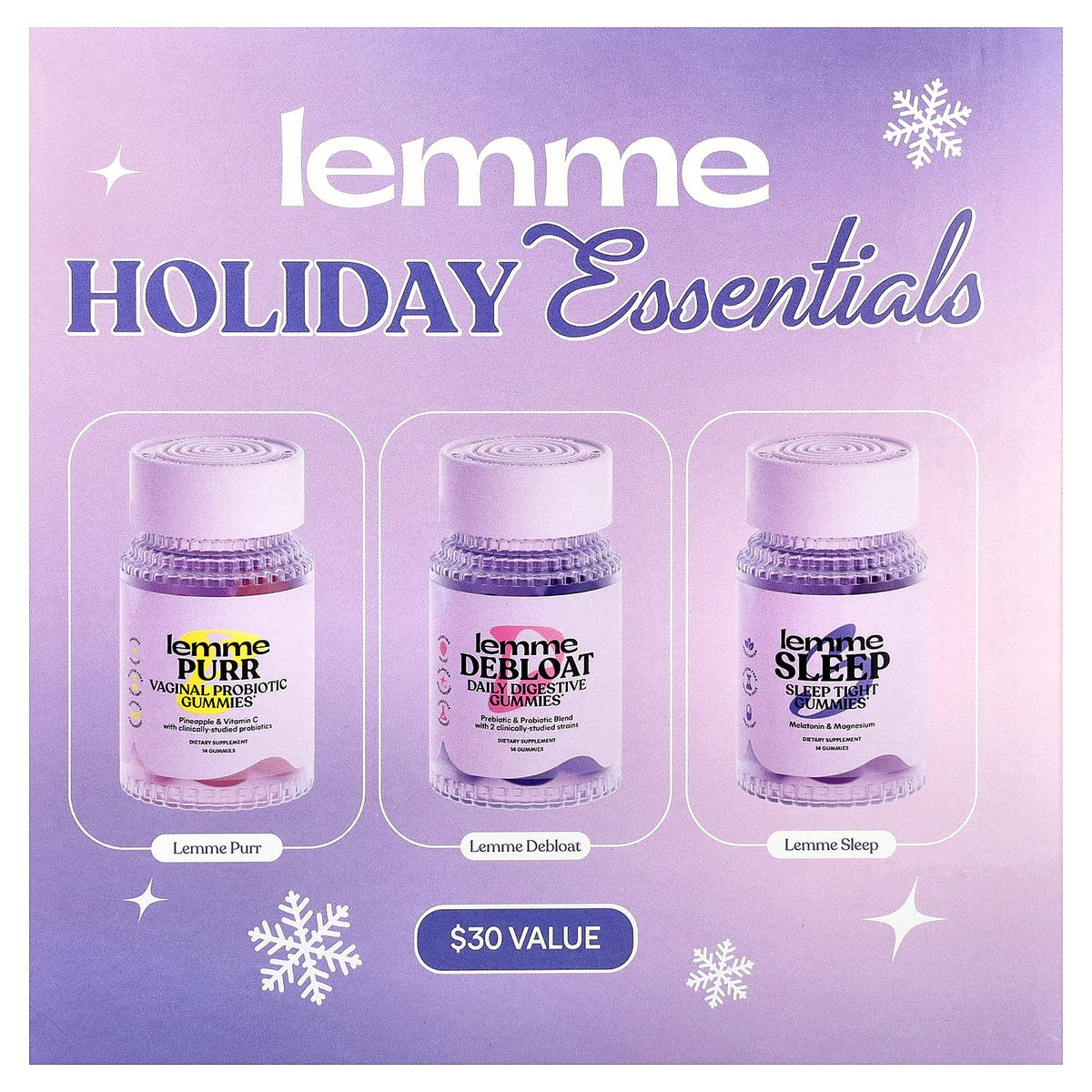 Lemme, Holiday Essentials Gummies, Purr, Debloat, Sleep, 3 Bottles, 14 Gummies Each