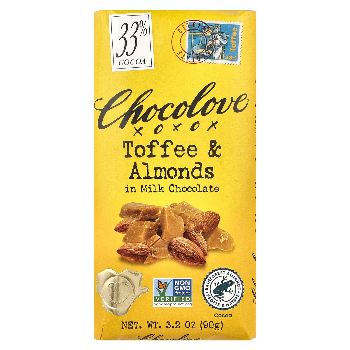 Chocolove, Toffee & Almonds in Milk Chocolate, 33% Cocoa, 3.2 oz (90 g)