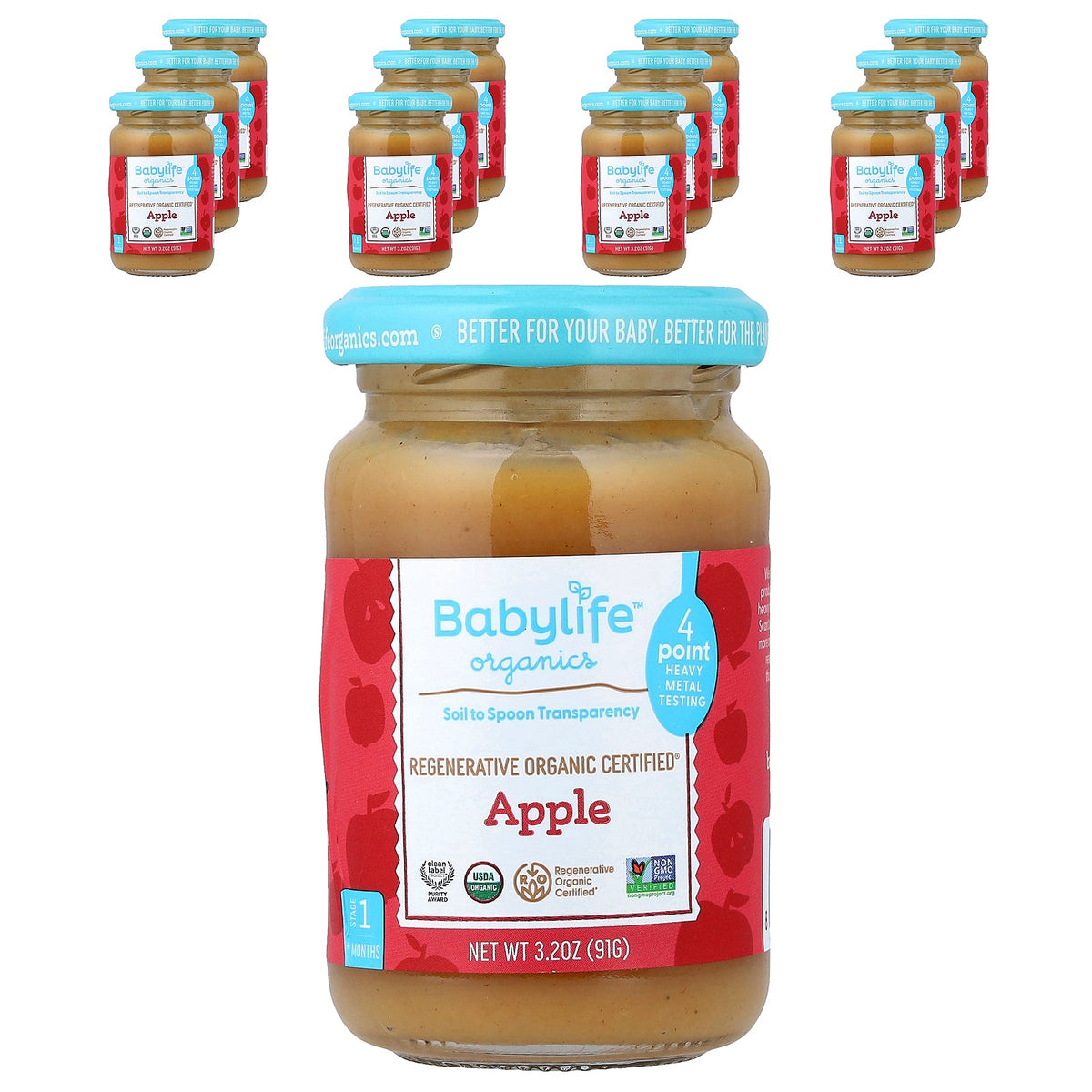 BabyLife Organics, Baby Food, 4+ Months, Apple, 12 Jars, 3.2 oz (91 g) Each