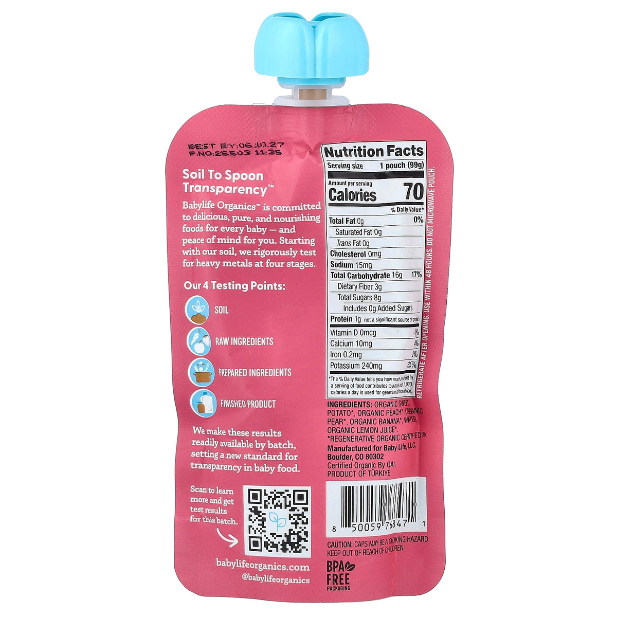 BabyLife Organics, Baby Food, 6+ Months, Sweet Potato, Peach, Pear & Banana, 6 Pouches, 3.5 oz (99 g) Each