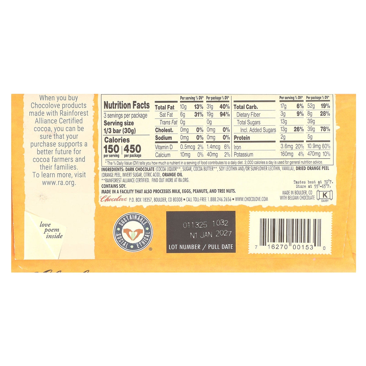 Chocolove, Orange Peel in Dark Chocolate, 55% Cocoa, 3.2 oz (90 g)