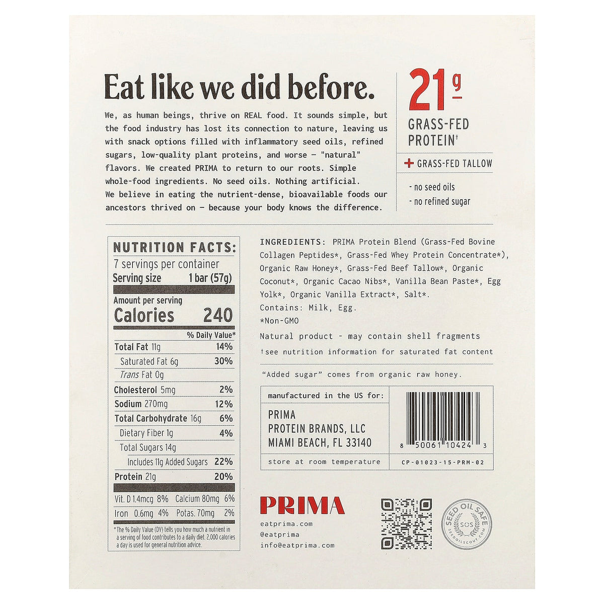 Prima, Ancestral Protein Bar, Cookie Dough, 7 Bars, 2 oz (57 g) Each