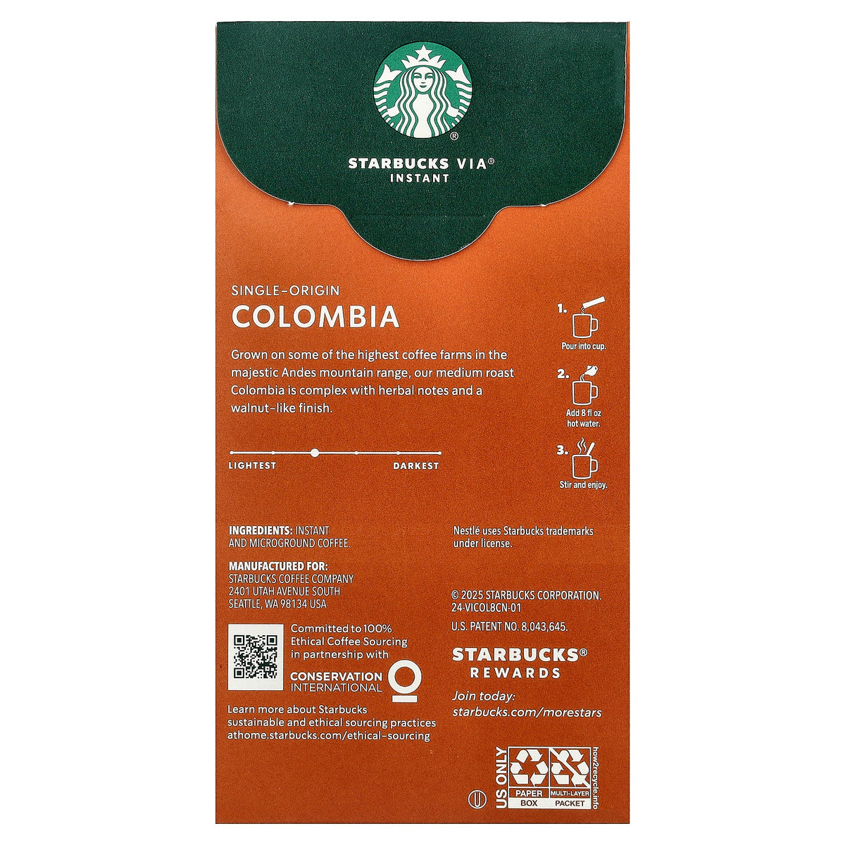Starbucks, VIA® Instant Colombia Coffee, Medium Roast, 8 Packets, 0.11 oz (3.3 g) Each