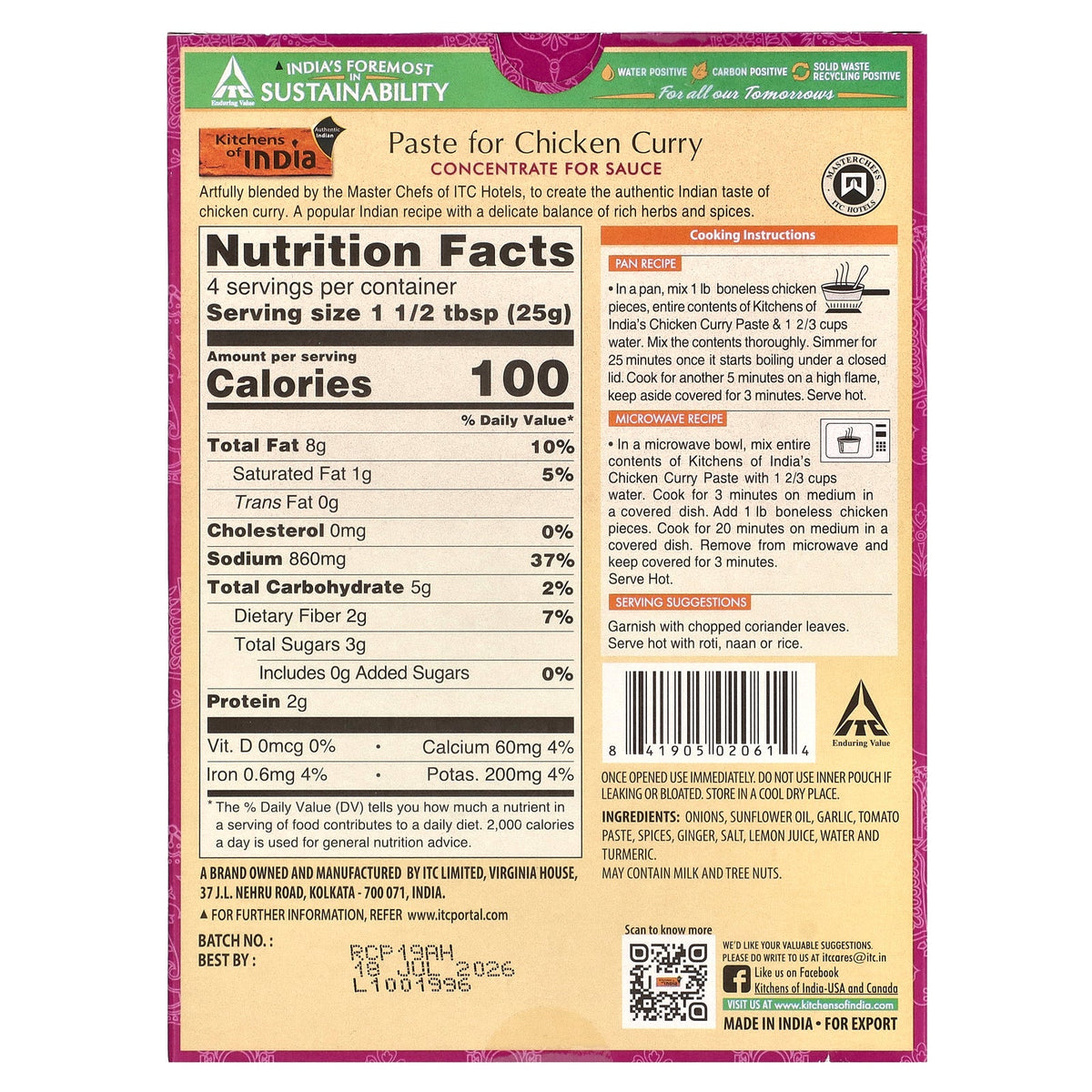 Kitchens of India, Paste For Chicken Curry, Concentrate For Sauce, Medium, 3.5 oz (100 g)