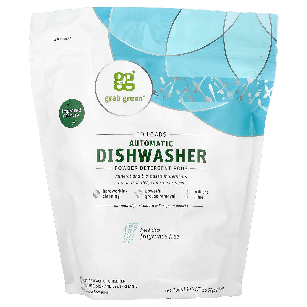 Grab Green, Automatic Dishwasher Powder Detergent Pods, Fragrance Free, 60 Pods, 38 oz (1.08 kg)