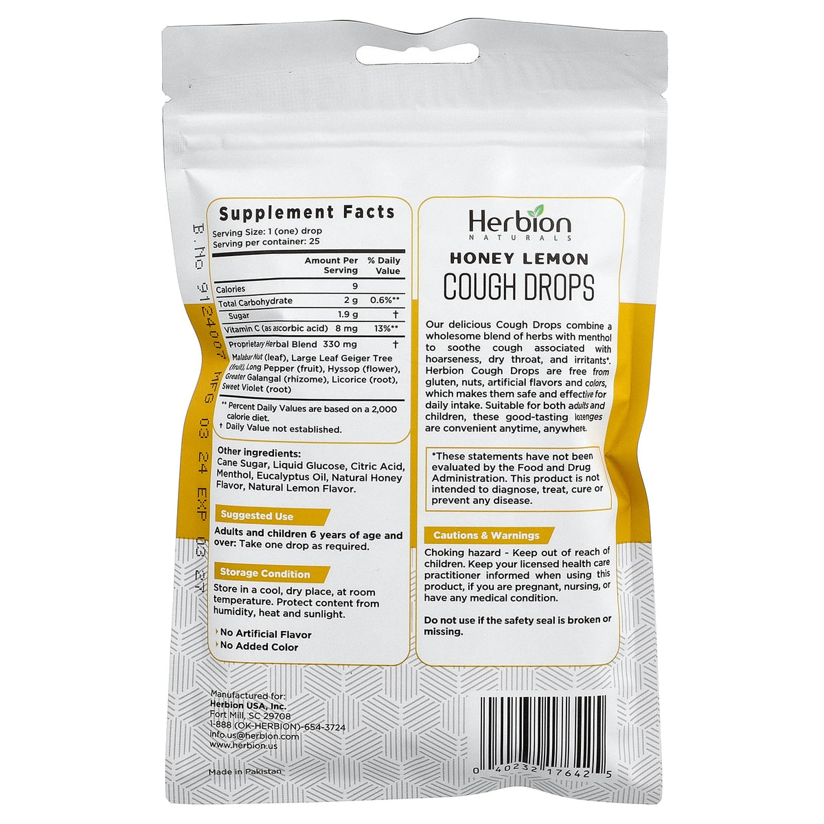 Herbion Naturals, Cough Drops, Honey Lemon, 5 Packs, 25 Drops Each