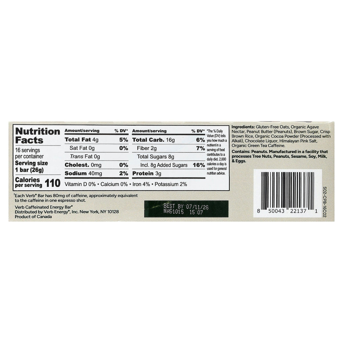 Verb Energy, Caffeinated Energy Bars, Chocolate Peanut Butter Cup, 16 Bars, 0.92 oz (26 g) Each