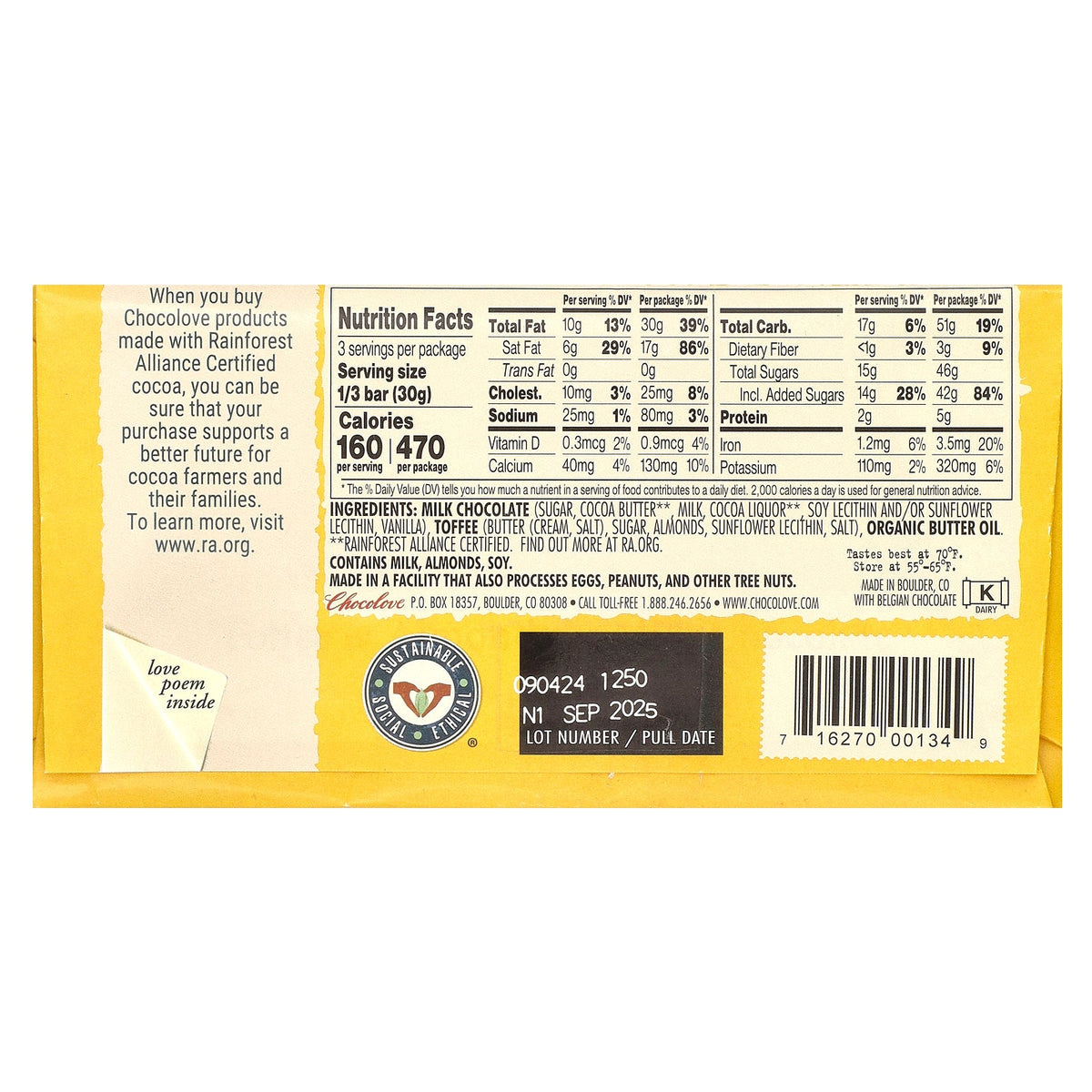 Chocolove, Toffee & Almonds in Milk Chocolate, 33% Cocoa, 3.2 oz (90 g)