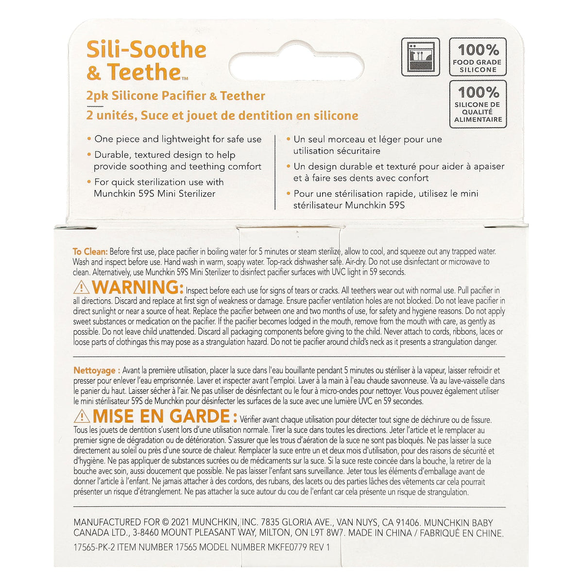 Munchkin, Sili-Soothe & Teethe™, Silicone Pacifier & Teether, 3 Months+, Light Pink & Light Purple, 2 Count