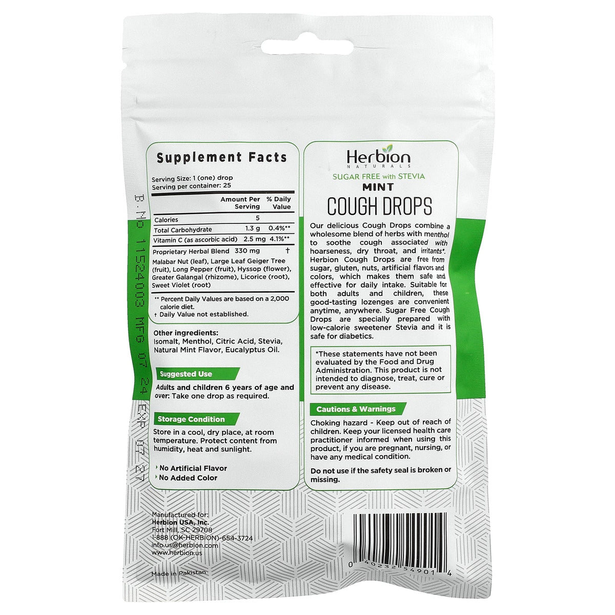 Herbion Naturals, Cough Drops, Mint, 5 Packs, 25 Drops Each