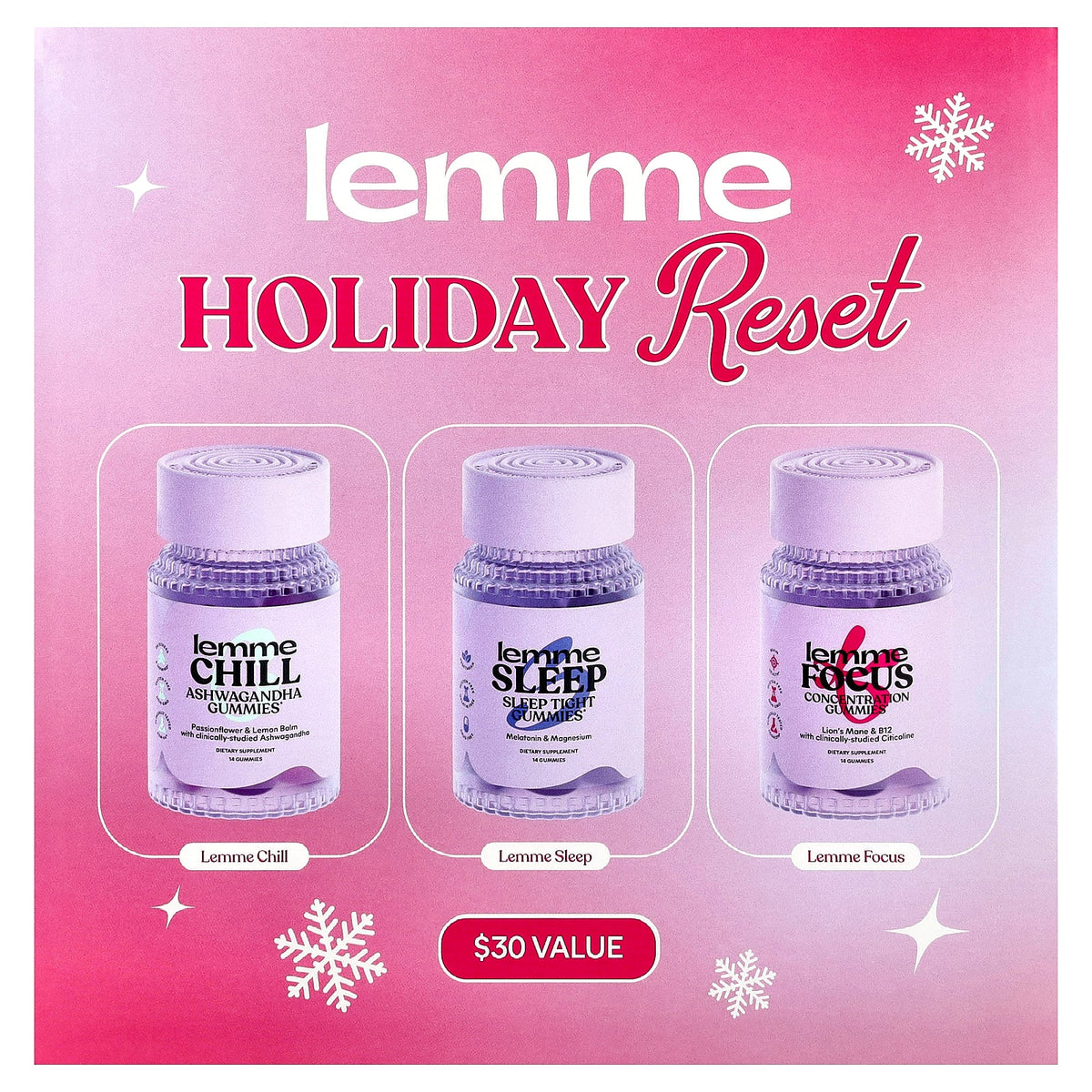 Lemme, Holiday Reset Gummies, Chill, Sleep, Focus, 3 Bottles, 14 Gummies Each