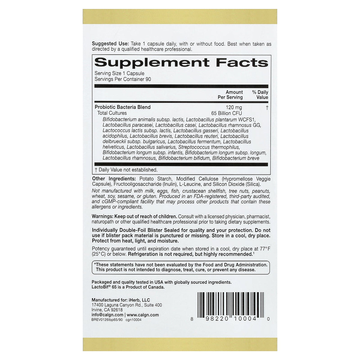 California Gold Nutrition, LactoBif® 65 Probiotics, 65 Billion CFU, 90 Veggie Capsules
