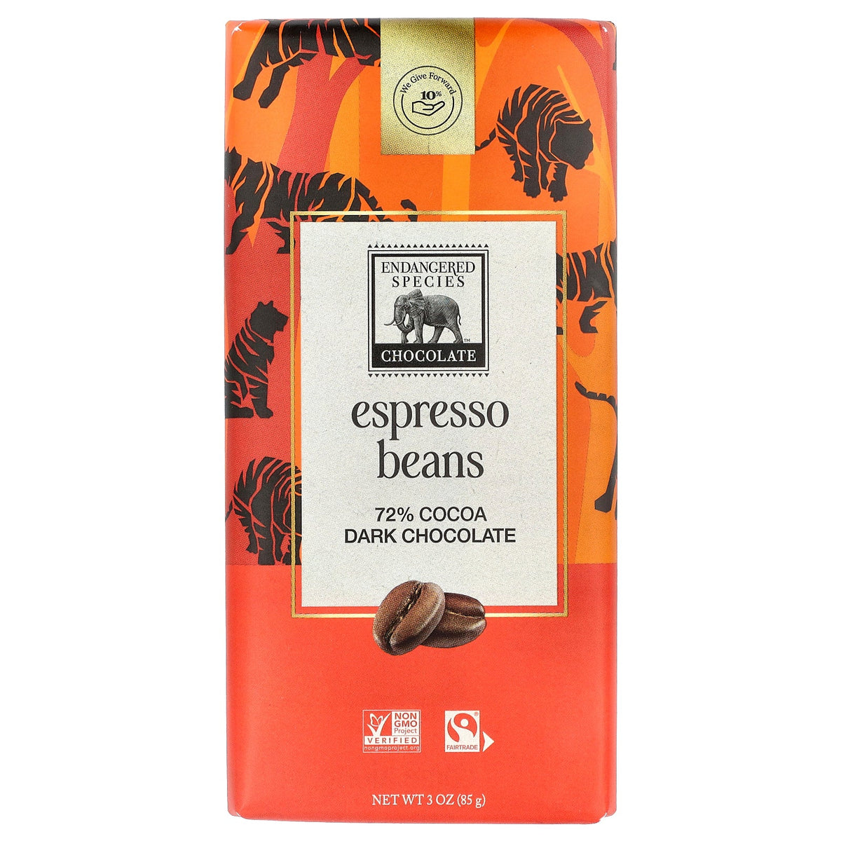 Endangered Species Chocolate, Espresso Beans + Dark Chocolate, 72% Cocoa, 3 oz (85 g)