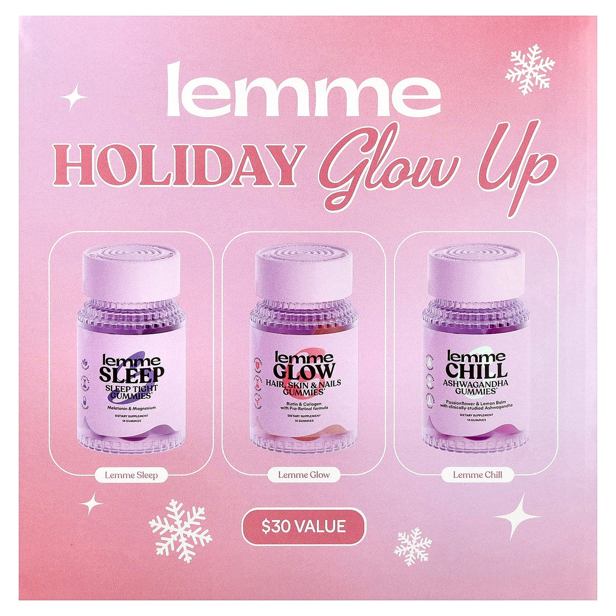 Lemme, Holiday Glow Up Gummies, Sleep, Glow, Chill, 3 Bottles, 14 Gummies Each
