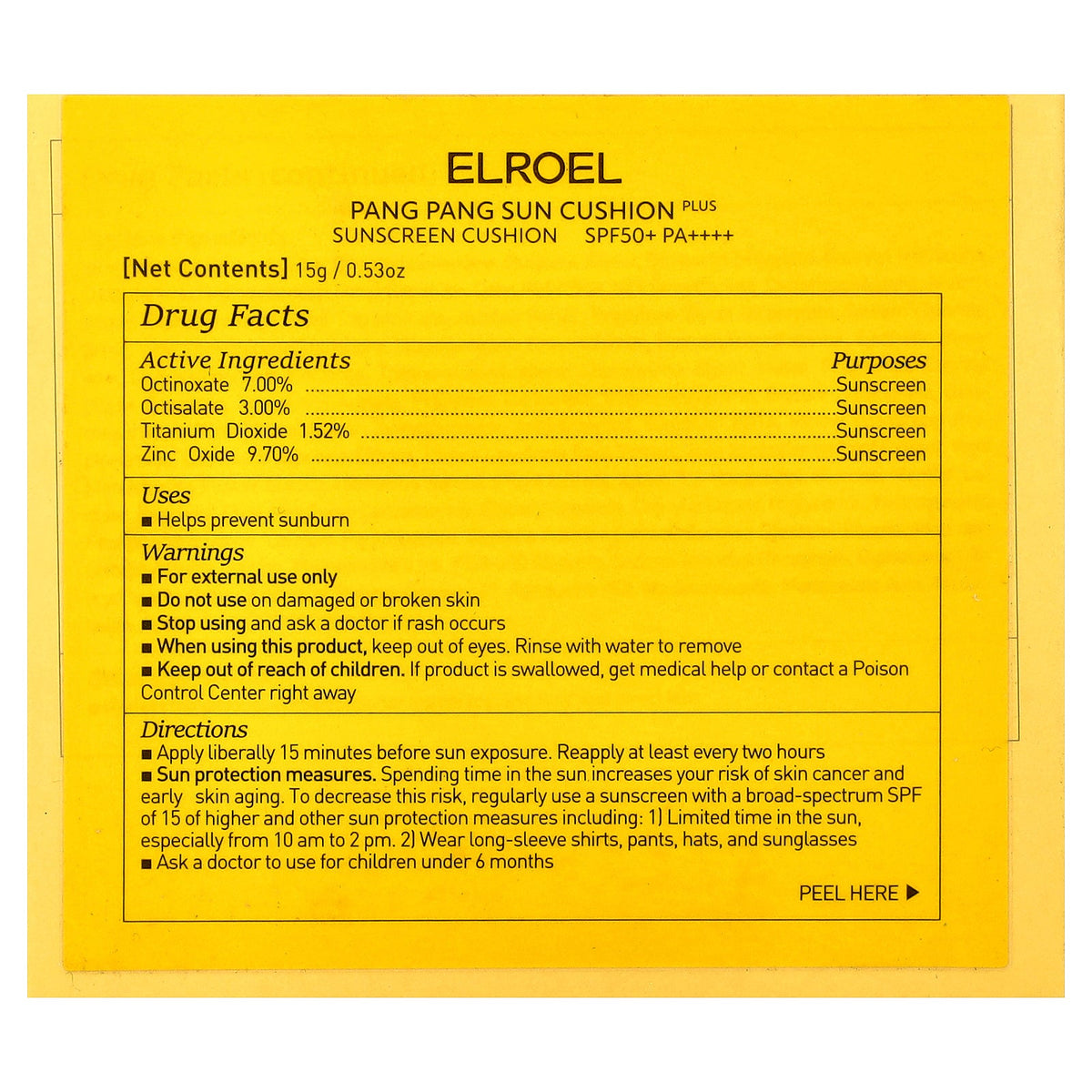 ELROEL, Pang Pang Sun Cushion Plus, SPF 50+ PA ++++, 0.53 oz (15 g)