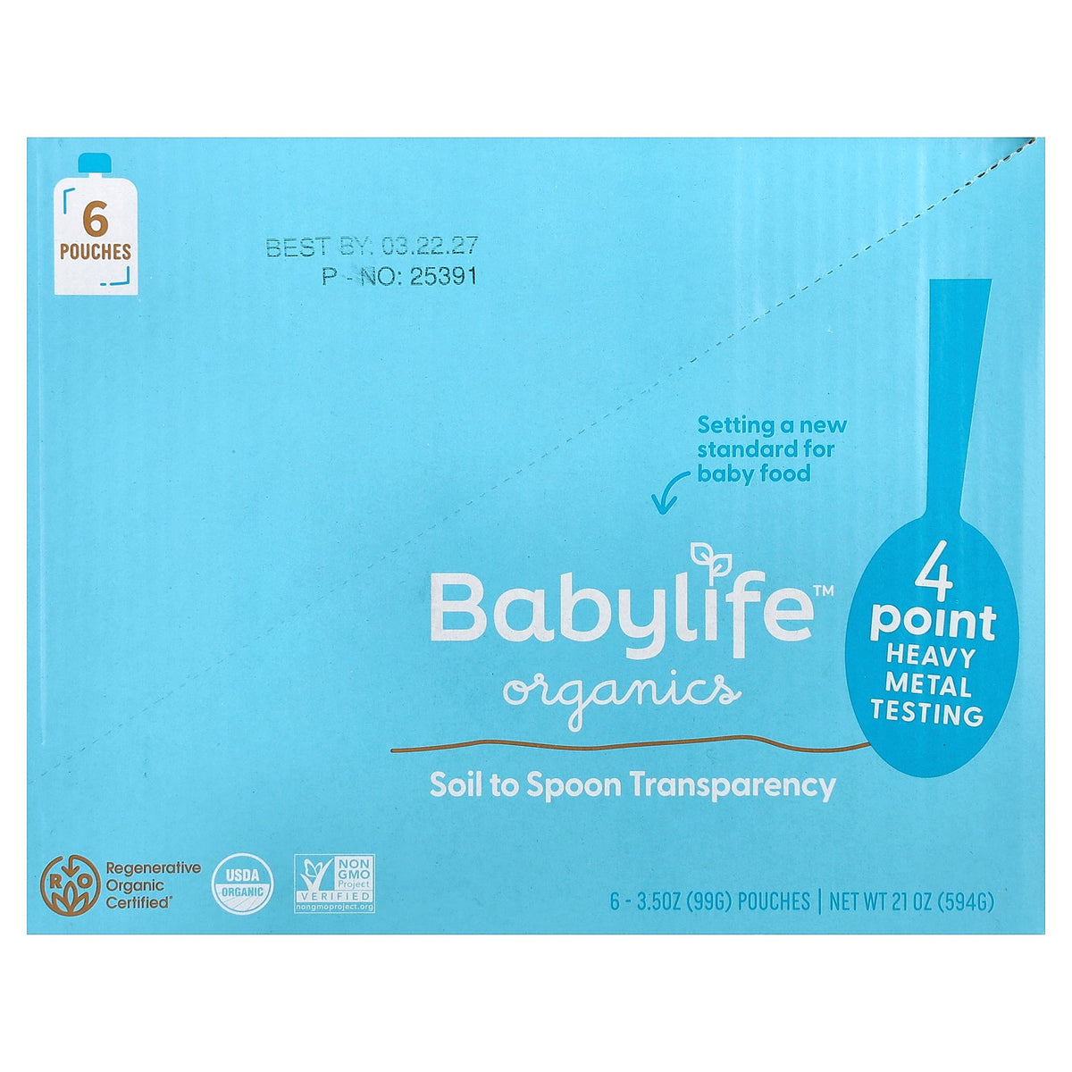 BabyLife Organics, Baby Food, 6+ Months, Carrot, Apple, Peach & Banana, 6 Pouches, 3.5 oz (99 g) Each