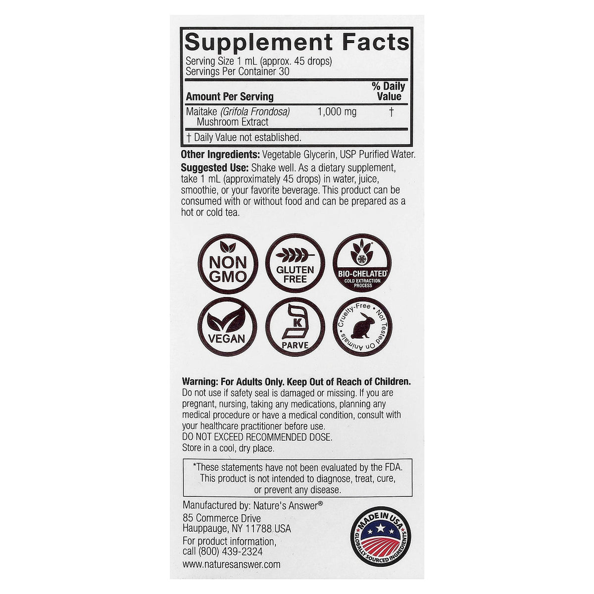 Nature's Answer, Maitake Mushroom Extract, Alcohol Free, 1 fl oz (30 ml)