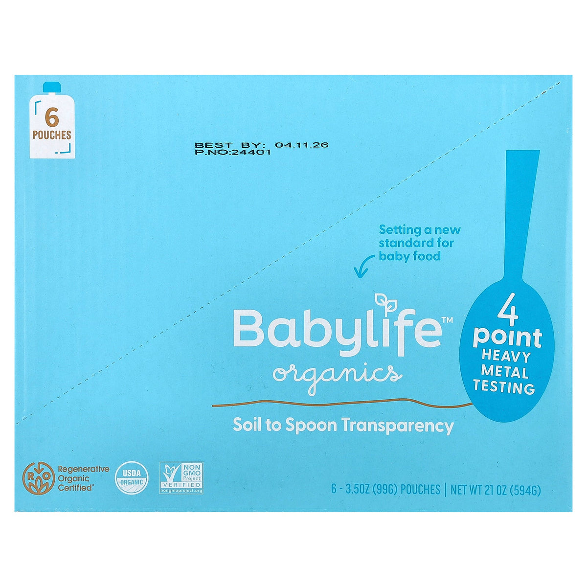 BabyLife Organics, Baby Food, 6+ Months, Carrot, Pear, Beet & Blackberry, 6 Pouches, 3.5 oz (99 g) Each