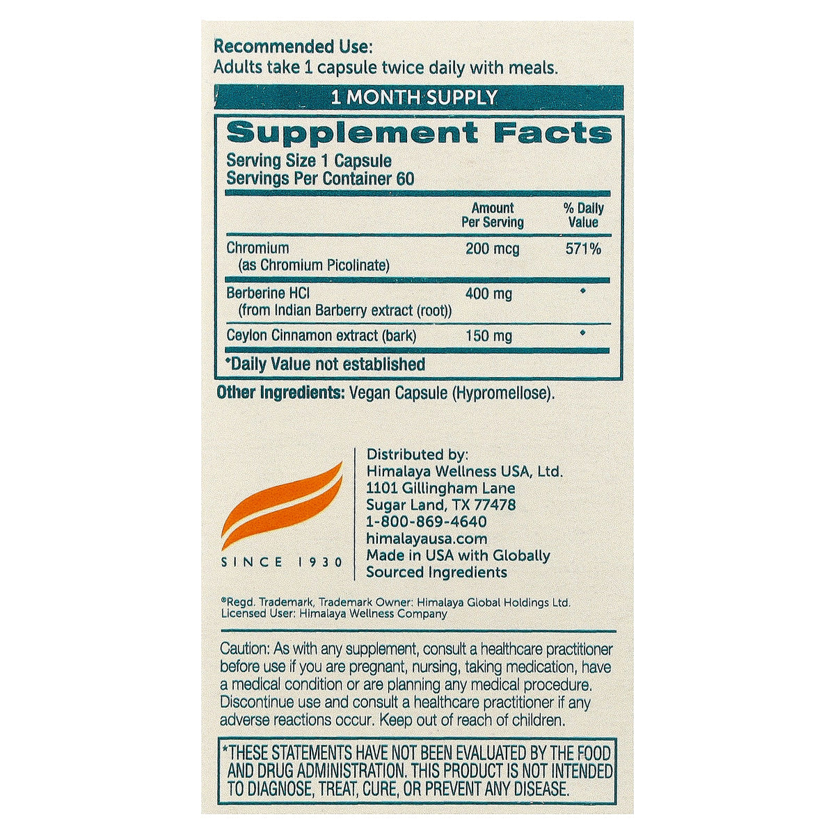 Himalaya, Berberine + Ceylon Cinnamon With Chromium, 60 Vegan Capsules