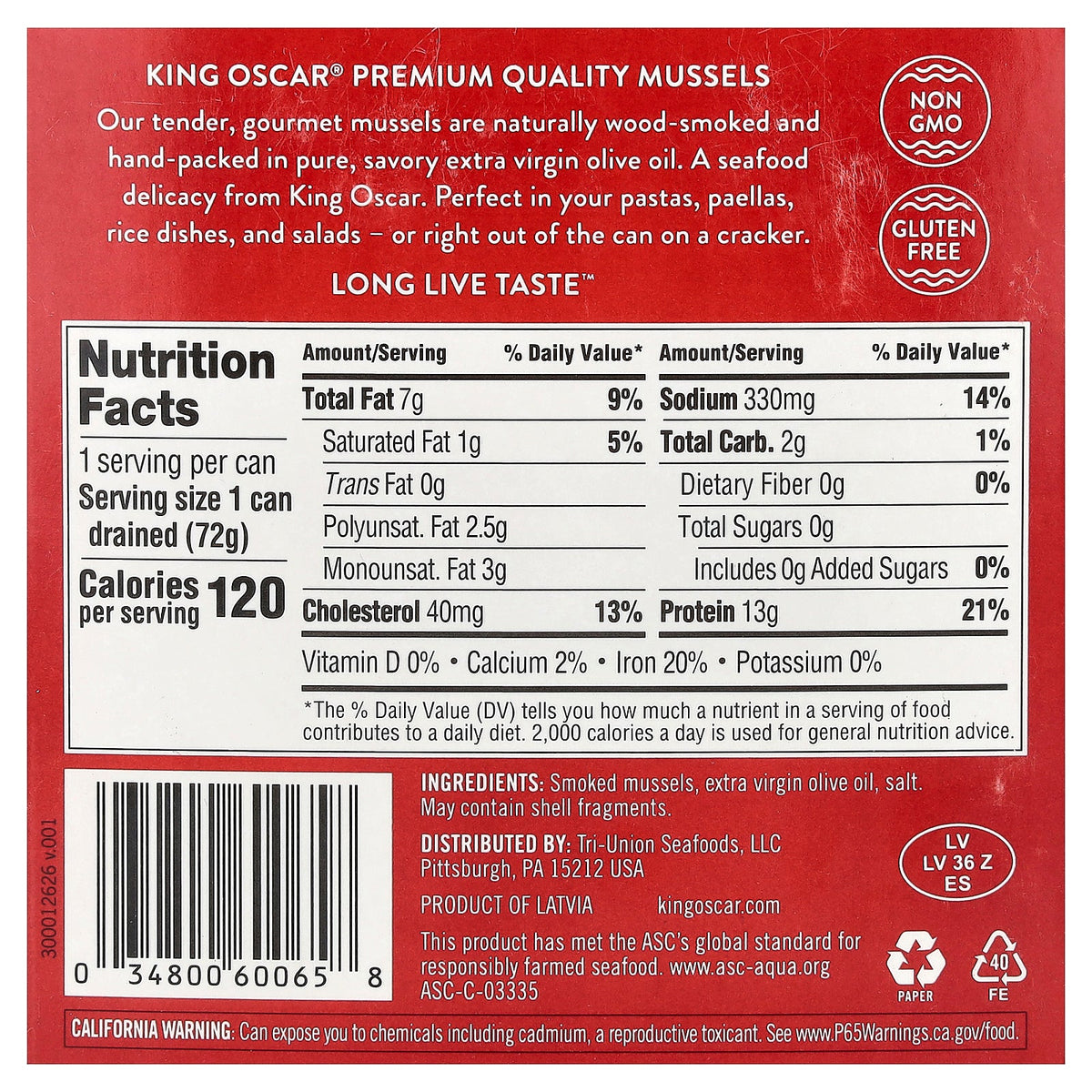 King Oscar, Naturally Wood Smoked Mussels in Extra Virgin Olive Oil, 4.23 oz (120 g)