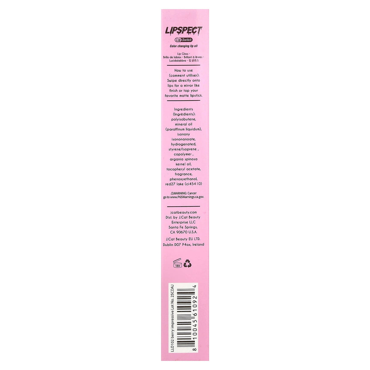 J.Cat Beauty, Lipspect Lip Switch, Color Changing Lip Oil, LLO 102 Berry Impressive, 0.1 fl oz (3 ml)