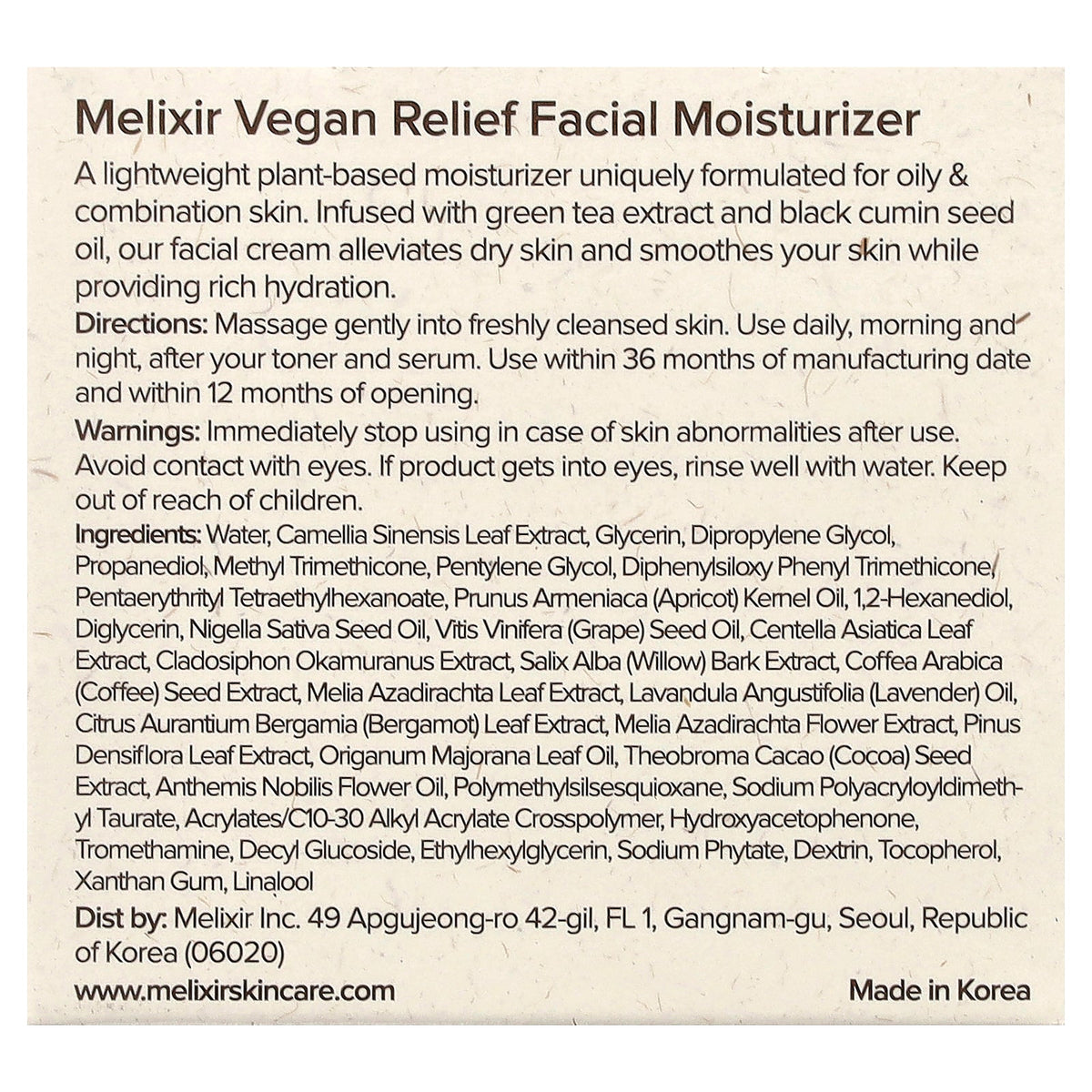 Melixir, Vegan Relief Facial Moisturizer + Green Tea, 2.7 fl oz (80 ml)