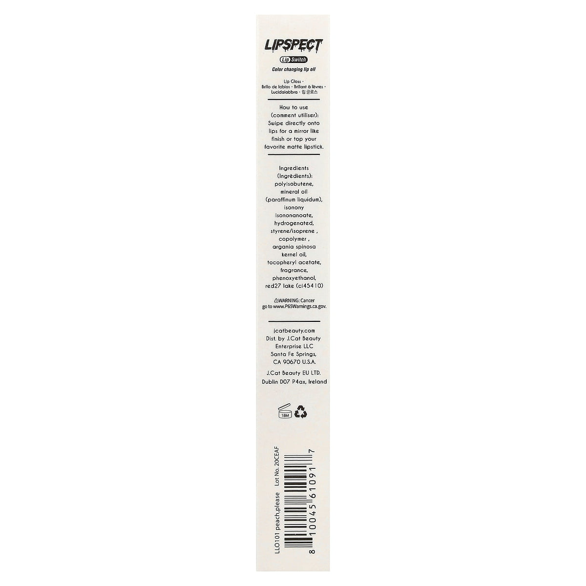J.Cat Beauty, Lipspect Lip Switch, Color Changing Lip Oil, LLO 101 Peach, Please, 0.1 fl oz (3 ml)