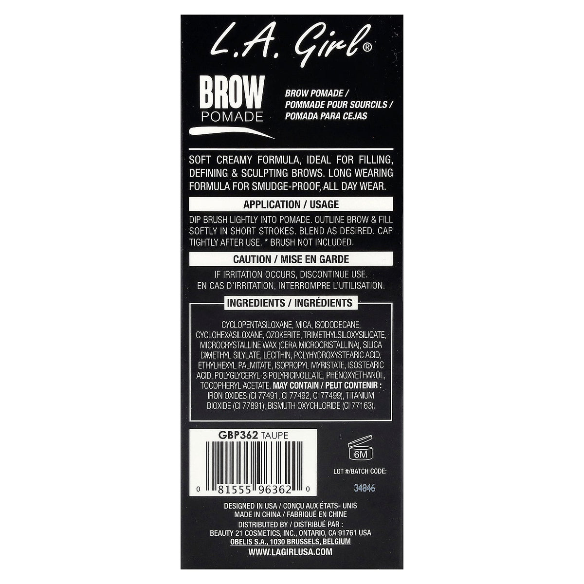 L.A. Girl, Brow Pomade, GBP362 Taupe, 0.11 oz (3 g)