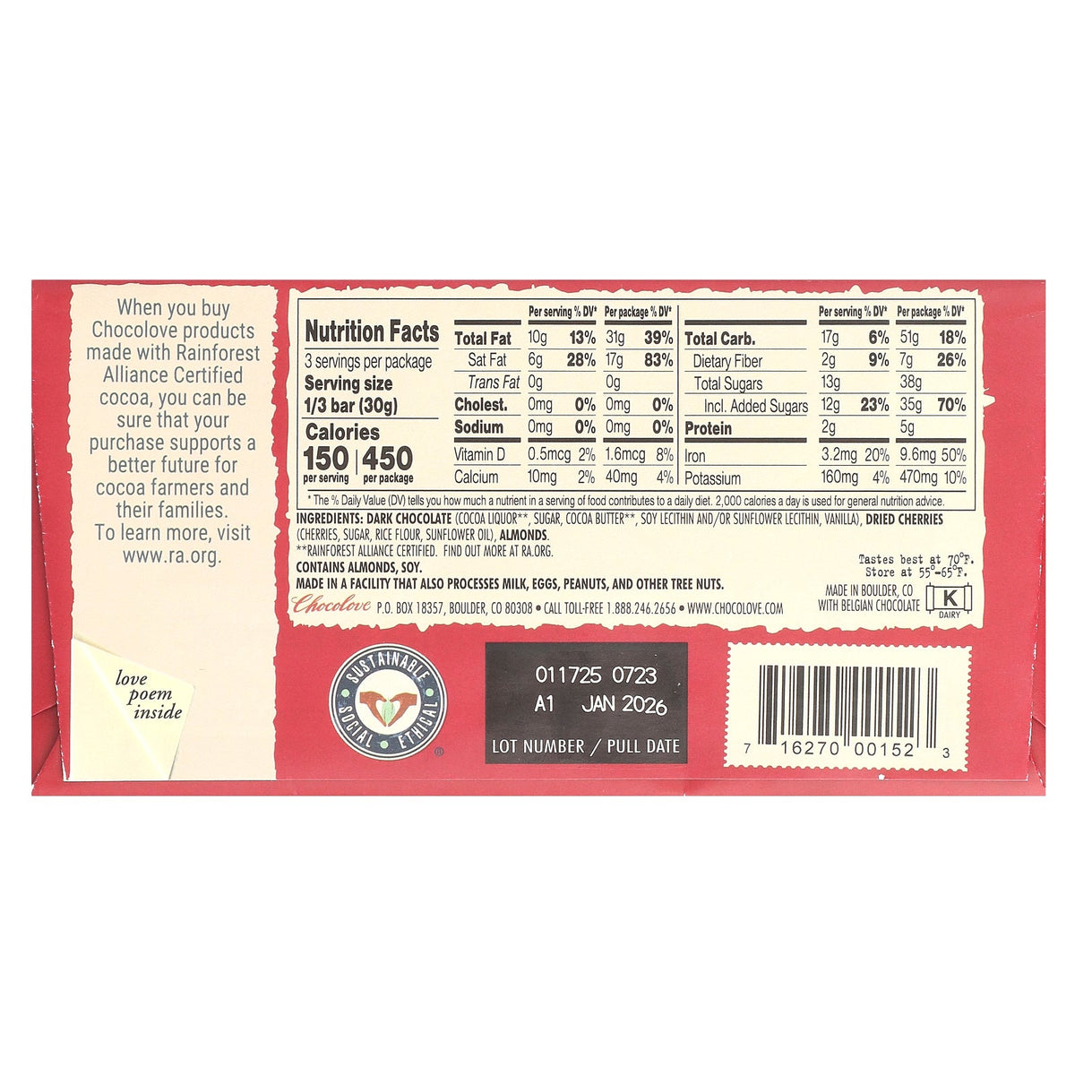 Chocolove, Cherries & Almonds in Dark Chocolate, 55% Cocoa, 3.2 oz (90 g)