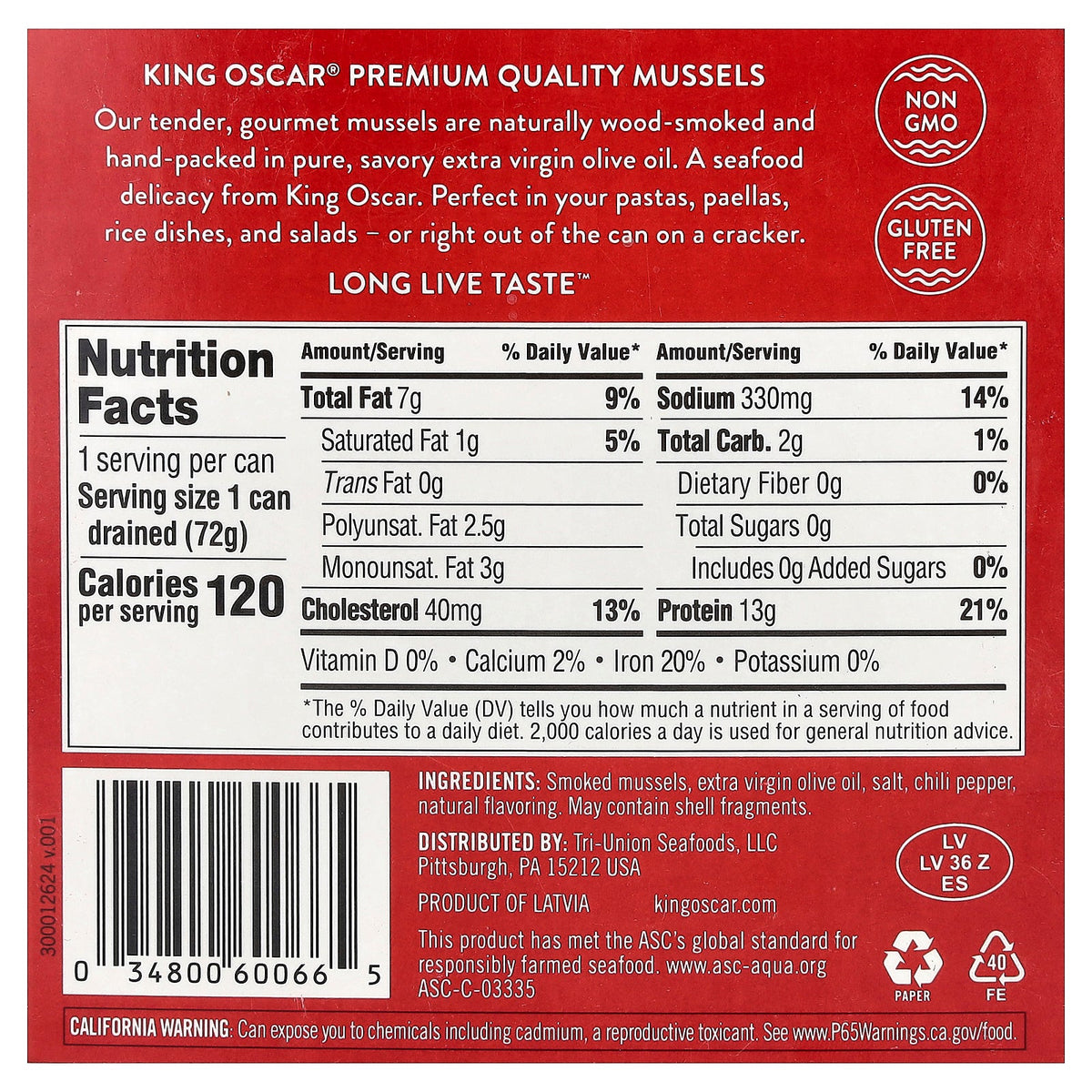 King Oscar, Naturally Wood Smoked Mussels in Extra Virgin Olive Oil with Chili, 4.23 oz (120 g)