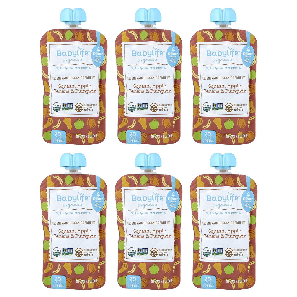 BabyLife Organics, Baby Food, 6+ Months, Squash, Apple, Banana & Pumpkin, 6 Pouches, 3.5 oz (99 g) Each