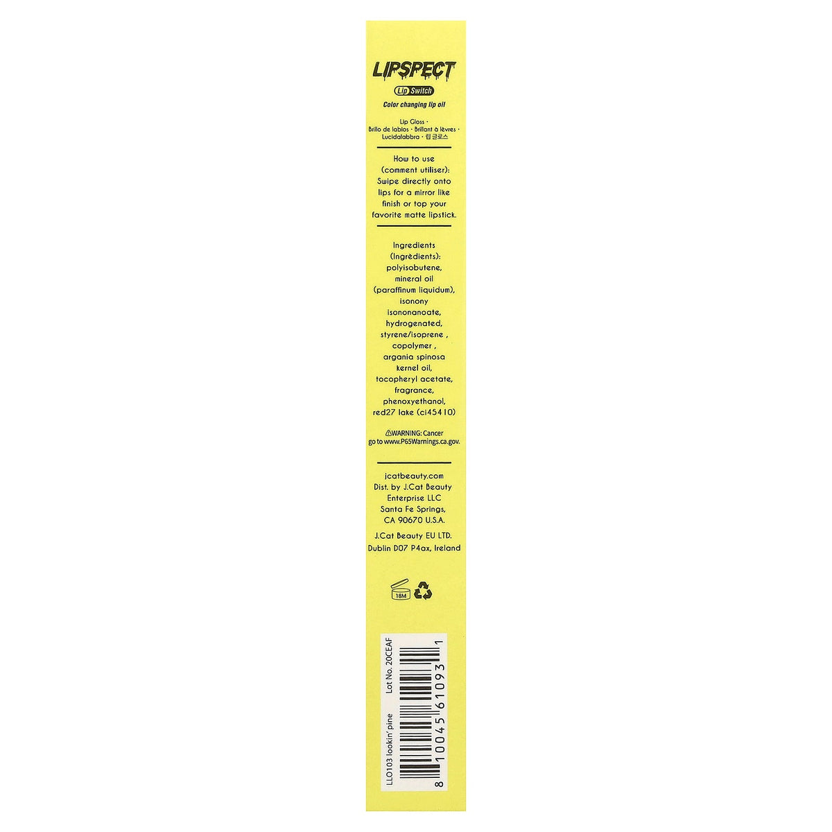 J.Cat Beauty, Lipspect Lip Switch, Color Changing Lip Oil, LLO 103 Lookin' Pine, 0.1 fl oz (3 ml)