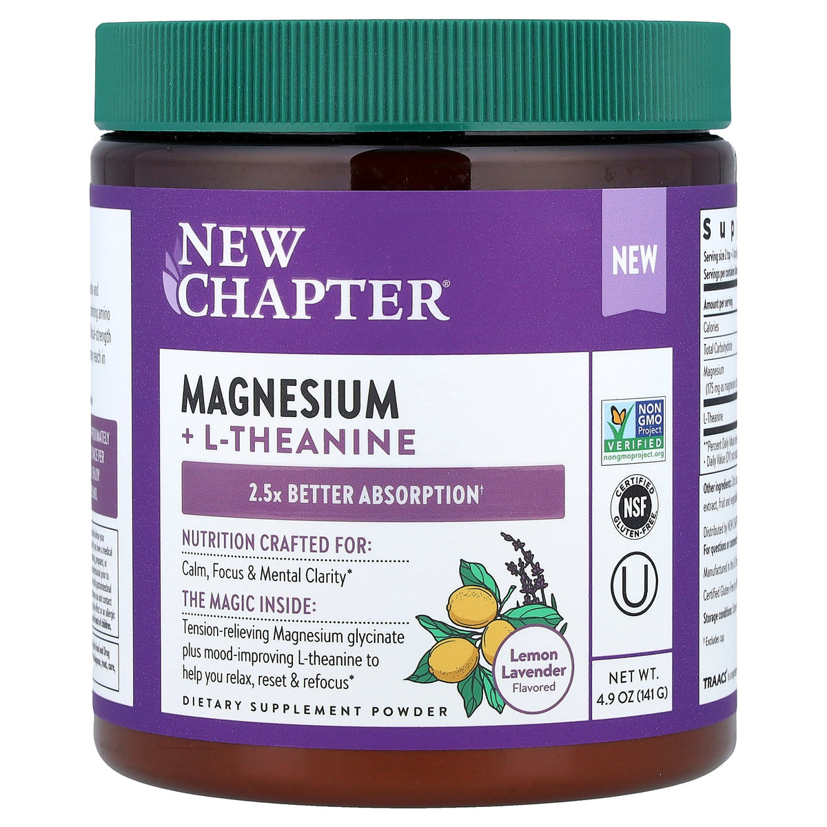 New Chapter, Magnesium + L-Theanine Powder, Lemon Lavender, 4.9 oz (141 g)